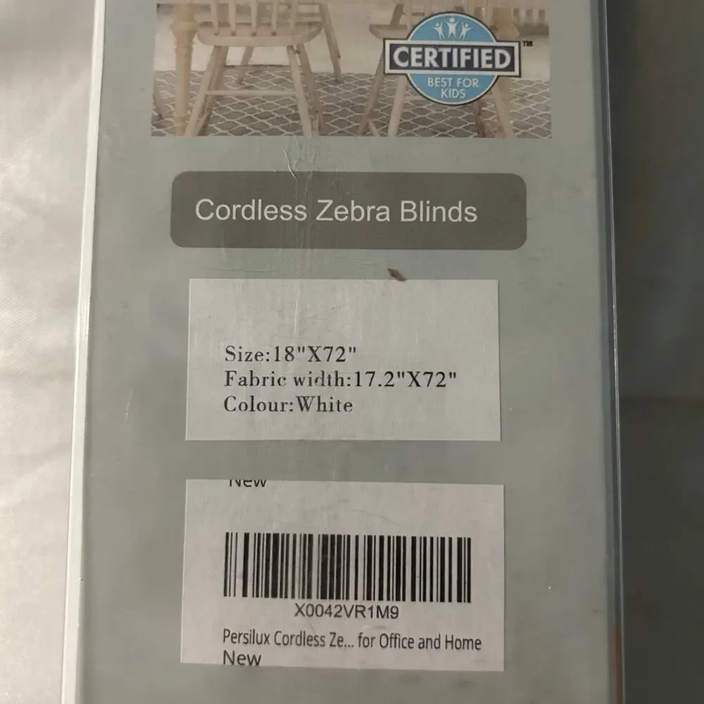 White cordless zebra window Blinds 18” by 72”